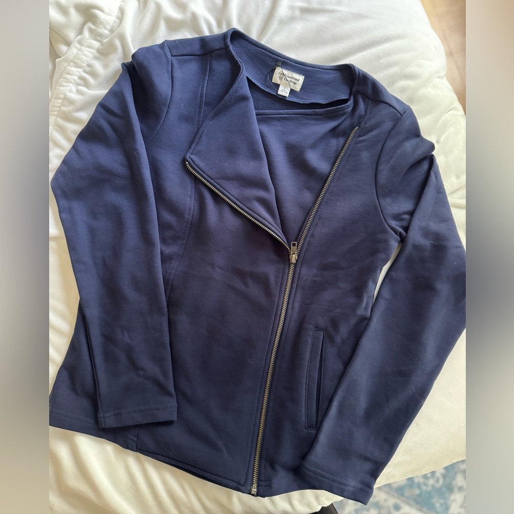 The Drop Navy Blue Zip-Up Moto Jacket